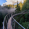 a view from above from the suspension bridge on rough streams of a mountain river among green forest