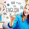 English text illustrated with icons over photo - woman in her home office interacting with illustrat