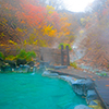 Japanese Hot Springs Onsen Natural Bath Surrounded by red-yellow leaves. In fall leaves fall in Yama