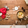 Rice cakes soup on table, top view