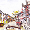 Watercolor painted chinese water canal in old town in China