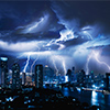 Lightning storm over city in blue light