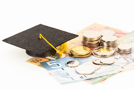 education concept with coins and mortar board
