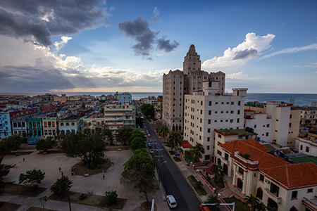 Aerial view of the Havana City, Capital of Cuba, during a vibrant cloudy day