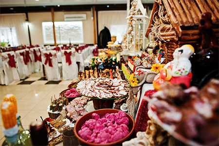Huge variety of delicious and colorful meals on wedding banquet