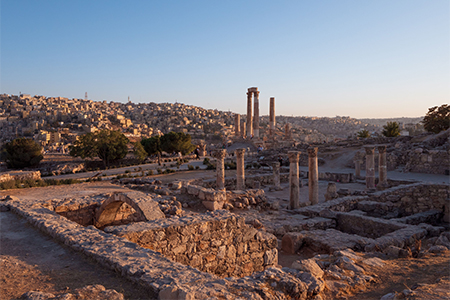 The scenic view of ruins of old famous Temple of Hercules - historic place in the Amman Citadel, Jor