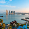The geometrically streamlined modern building built on the sea at dusk in Sanya city Southern China