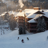 View from above of Creekside Village during a sunny winter day, Whistler Mountain, British Columbia,