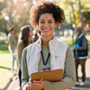 Happy woman, portrait and volunteer in a university
