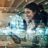 concept: a girl surrounded by Internet, networking and digital transformation