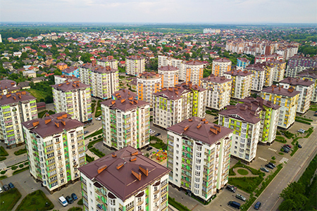 Aerial view of city residential area with high apartment buildings