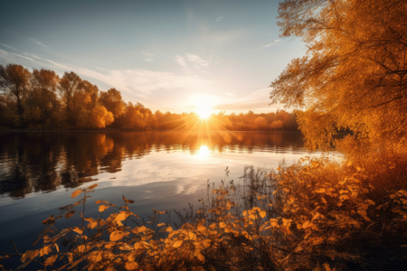 Autumn landscape; Sunset over the lake