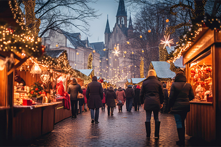 Christmas markets with colorful stalls, twinkling lights, and cheerful shoppers