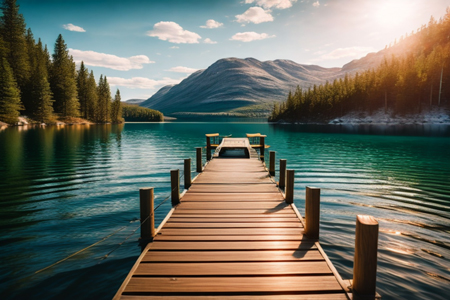Wooden pier on the lake in the mountains
