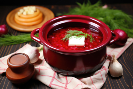 a clay pot filled with borscht ready to be served