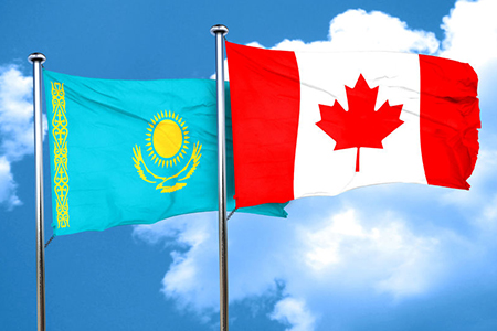 Kazakhstan flag with Canada flag, 3D rendering