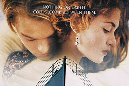 The film poster shows a man and a woman hugging over a picture of the Titanic's bow.