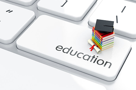 3d render of graduation cap with books icon on the keyboard. Education concept