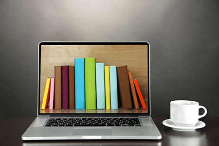 E-learning concept. Digital library - books inside laptop
