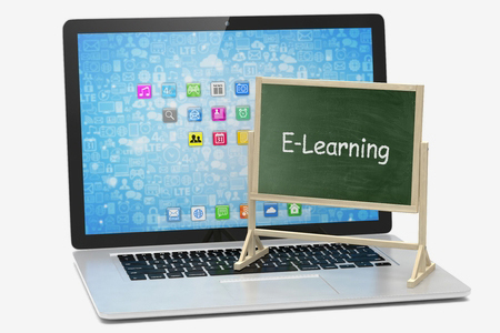 Laptop with chalkboard, e-learning, online education concept