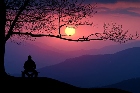 Man meditate under the big tree and enjoy sunset in a mountain valley.