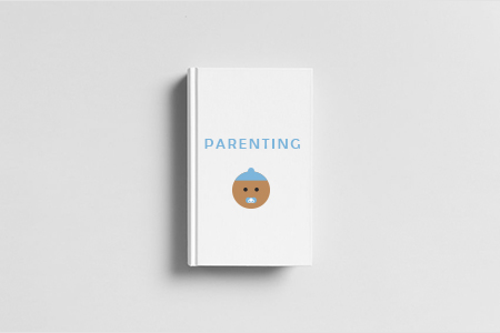 white book with parenting title and baby graphic on white background