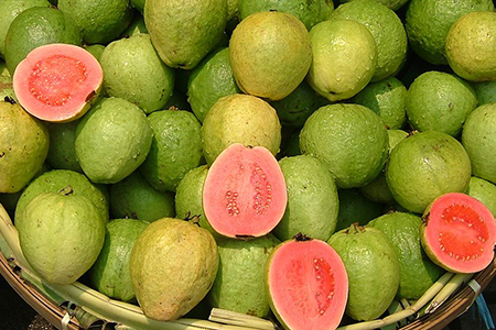 Basket of guavas with four halves showing red flesh