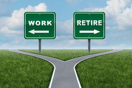 Work or retire as a concept of a difficult decision time for working or retirement as a cross roads 
