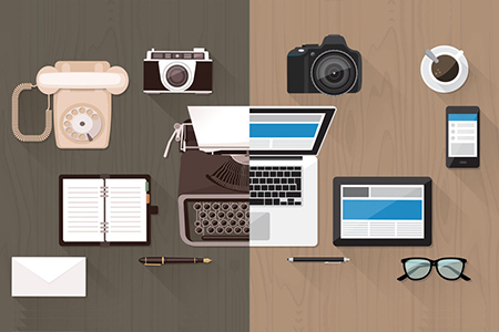 Illustration of old and new technology - typewriter, camera, laptop, phone, notebook, tablet, pen, s