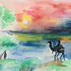 watercolour painting by author - camels at sunset