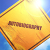 Autobiography sign with blue sky background