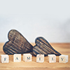 Two wooden hearts with Family word written in blocks