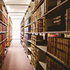 Close up of a bookshelf in library