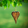 wooden shape of heart on natural green background with copy space