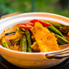 Mild fish curry with chilli, lady's fingers, okra, long beans, snap beans